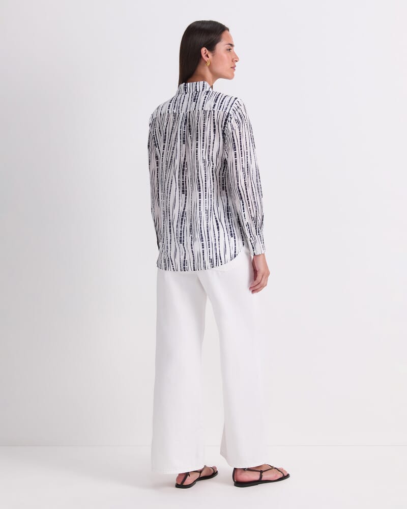 Stripe Cotton/Silk Long Sleeve Shirt in WHITE/NAVY