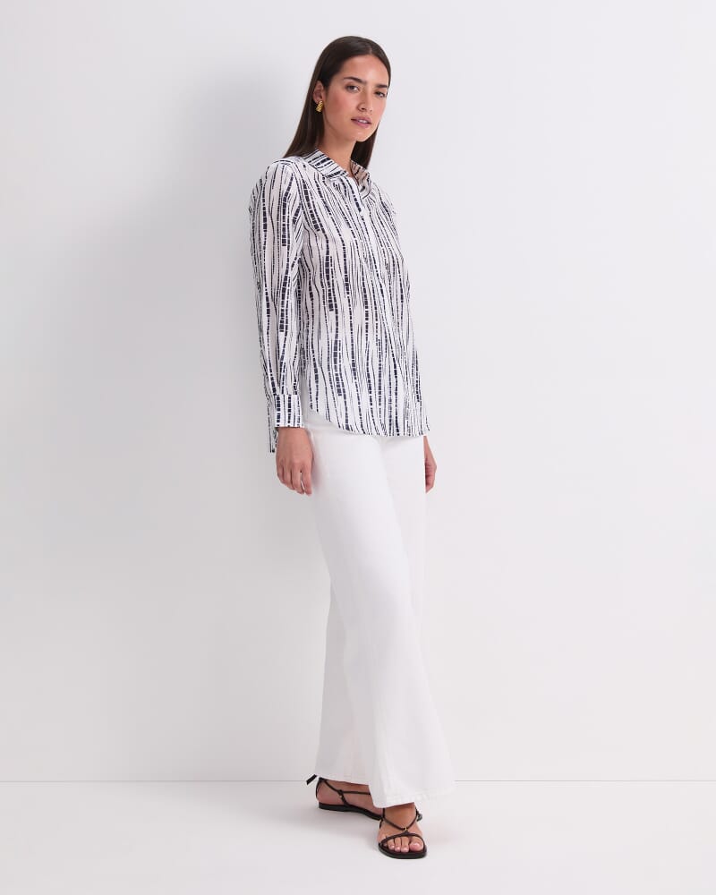 Stripe Cotton/Silk Long Sleeve Shirt in WHITE/NAVY