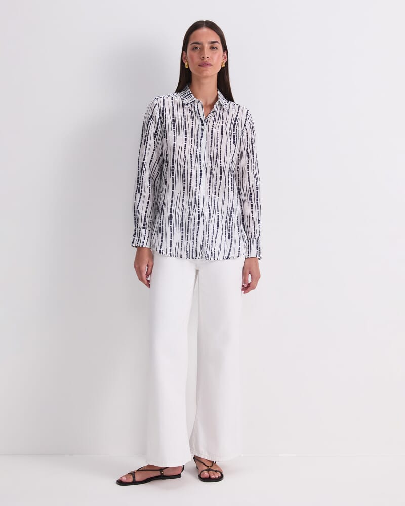 Stripe Cotton/Silk Long Sleeve Shirt in WHITE/NAVY