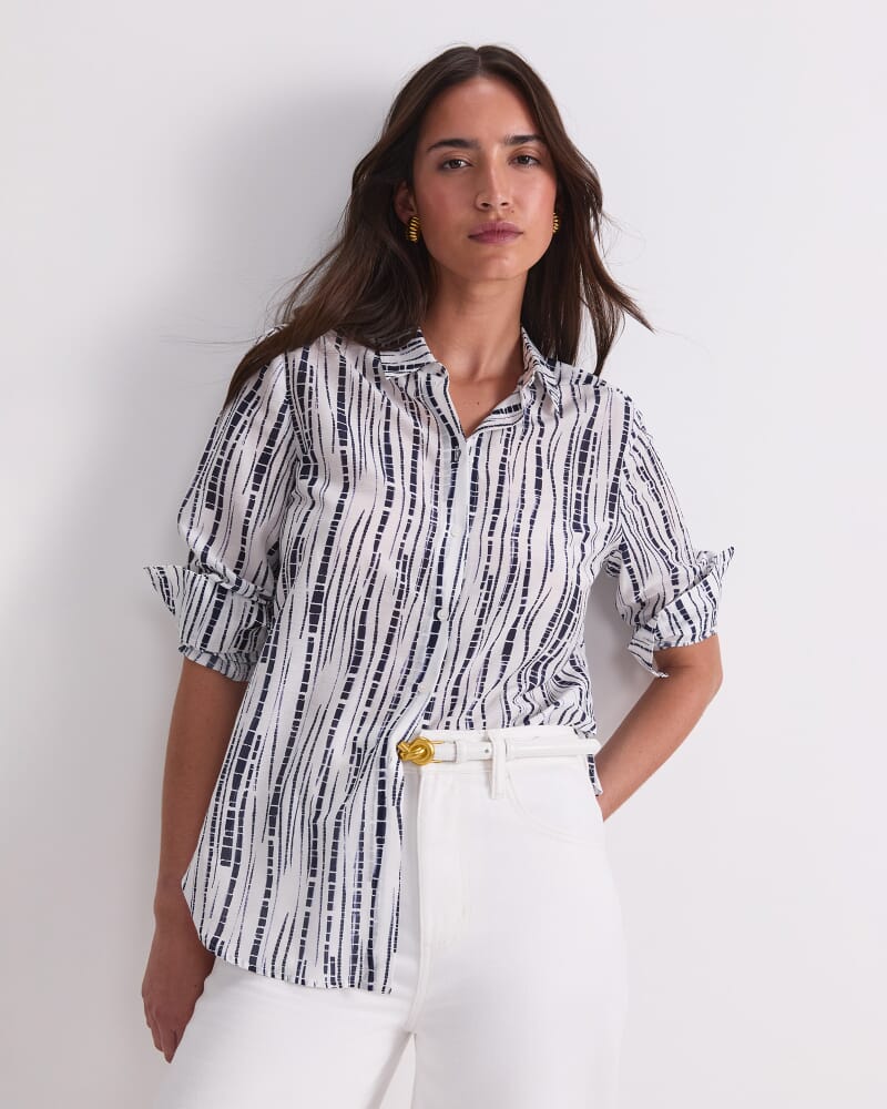 Stripe Cotton/Silk Long Sleeve Shirt in WHITE/NAVY