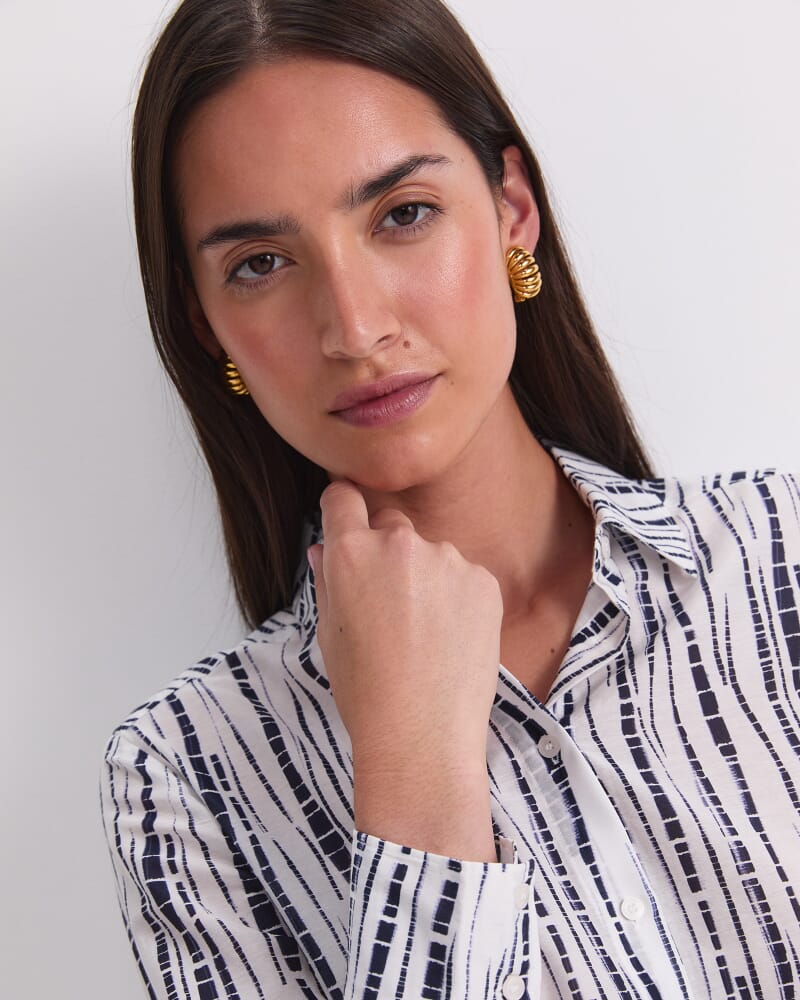 Stripe Cotton/Silk Long Sleeve Shirt in WHITE/NAVY