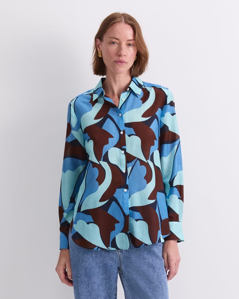Geo Cotton/Silk Long Sleeve Shirt in BROWN MULTI