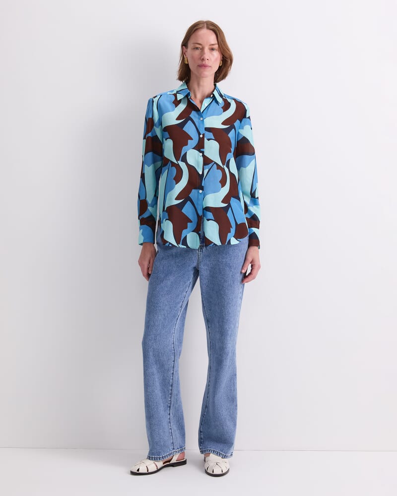 Geo Cotton/Silk Long Sleeve Shirt in BROWN MULTI