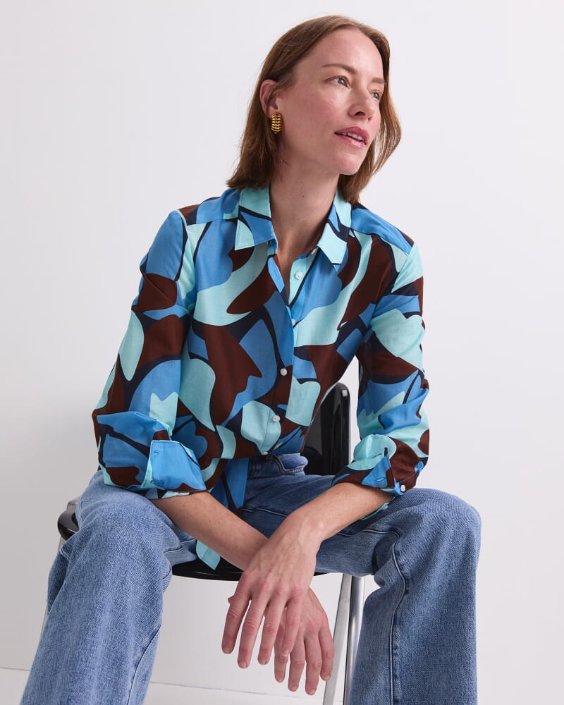 Geo Cotton/Silk Long Sleeve Shirt in BROWN MULTI