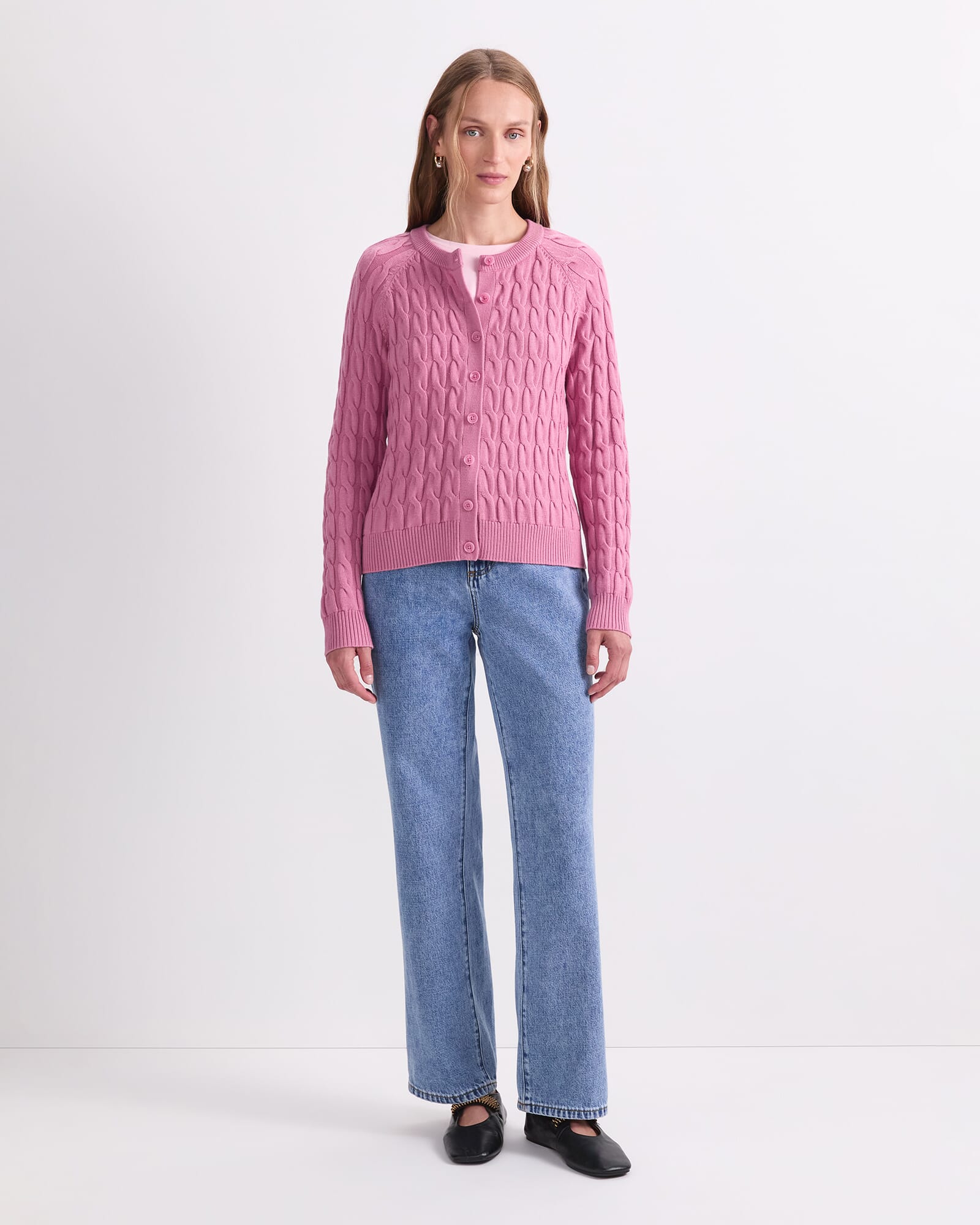 Merino Cable Cardigan in Pink Salt | Sportscraft