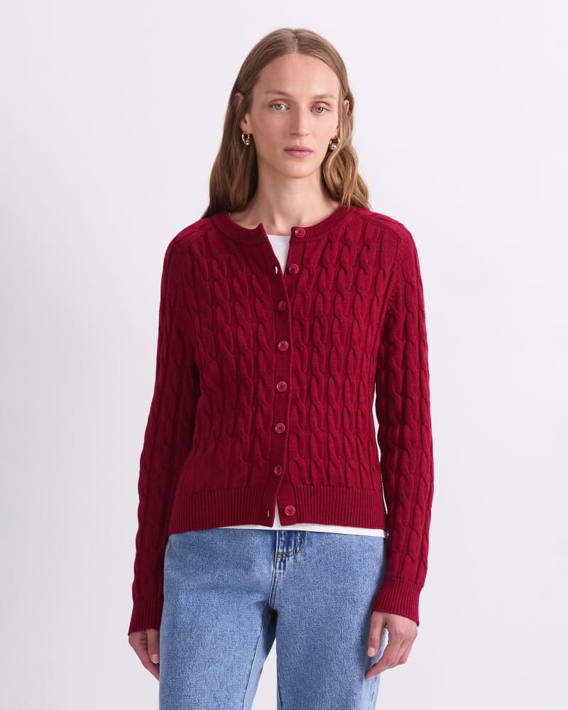 Merino Cable Cardigan in RUBY