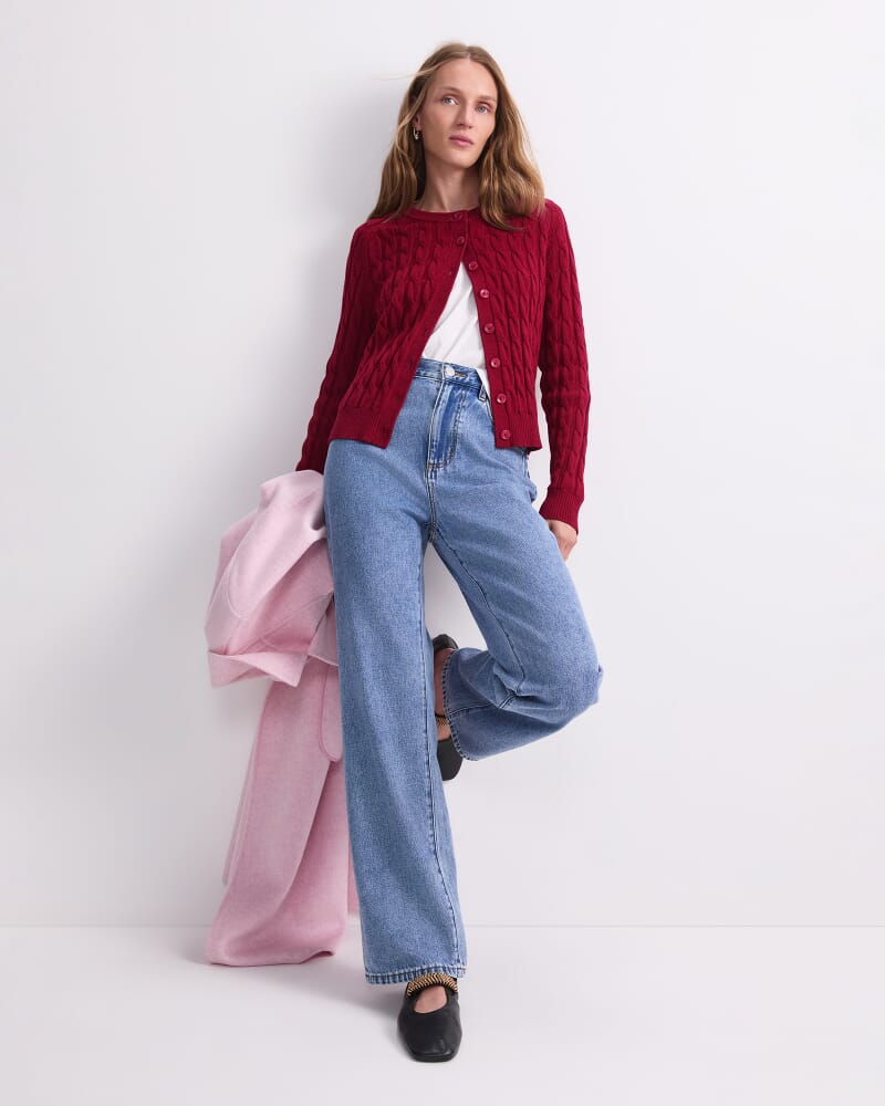 Merino Cable Cardigan in RUBY