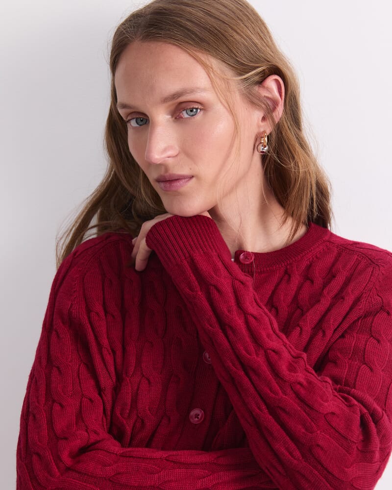 Merino Cable Cardigan in RUBY