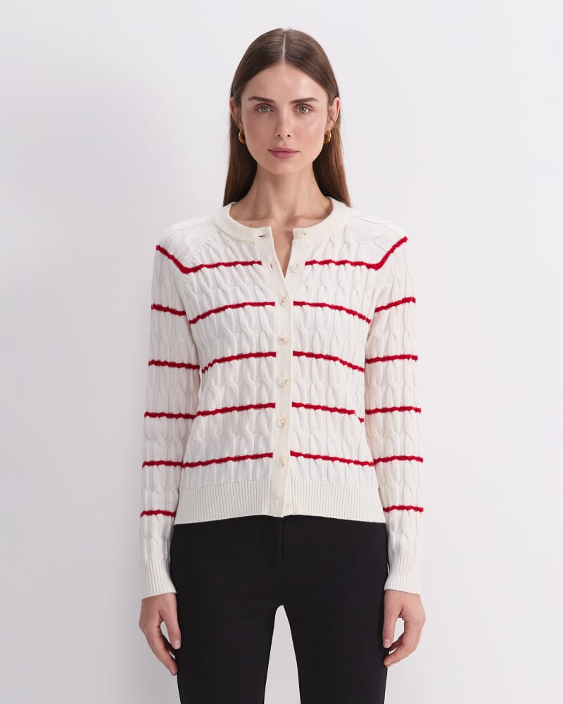 Merino Cable Cardigan in WHITE/RED