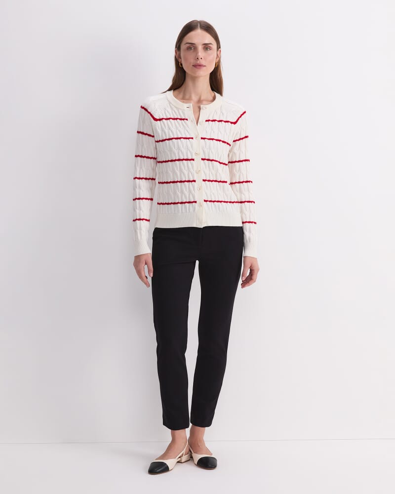 Merino Cable Cardigan in WHITE/RED