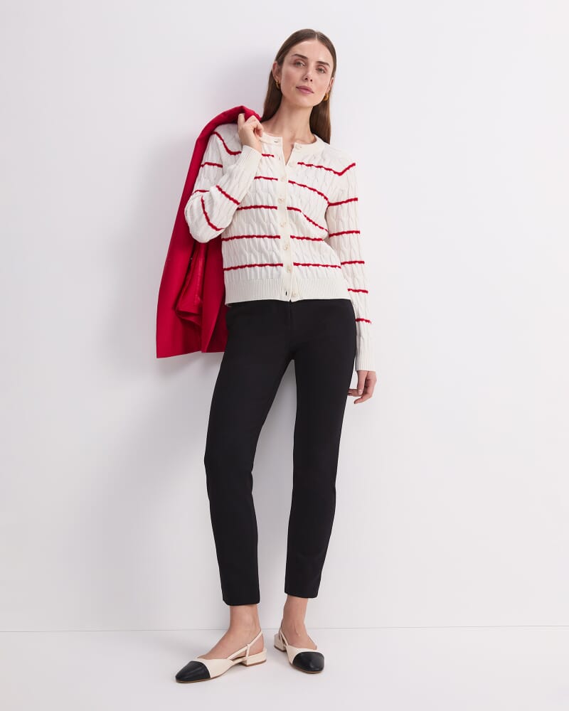 Merino Cable Cardigan in WHITE/RED
