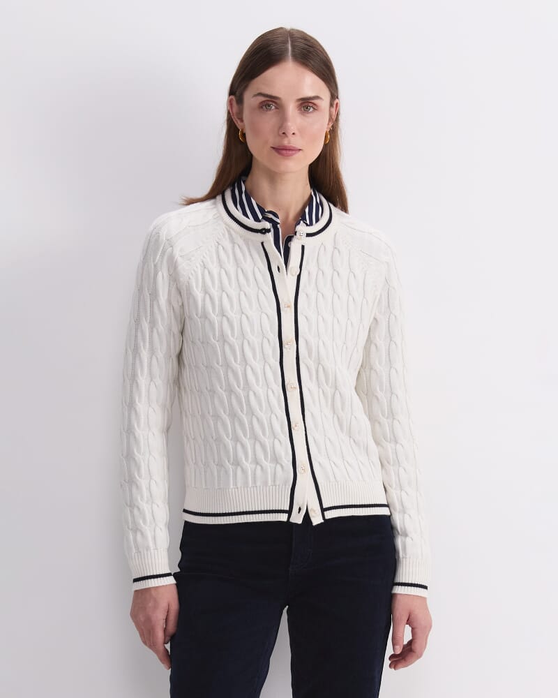 Merino Cable Cardigan in WINTER WHITE/ NAVY