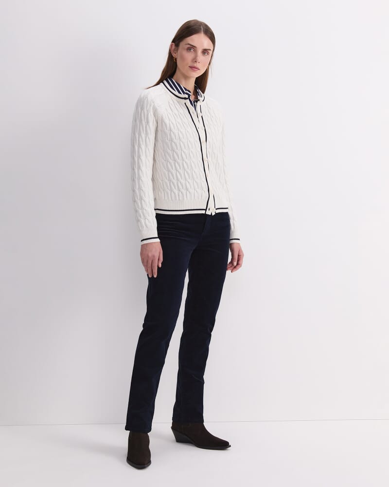 Merino Cable Cardigan in WINTER WHITE/ NAVY