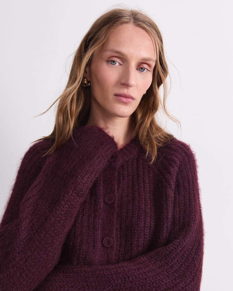 Tatiana Mohair Twist Cardigan in WINE