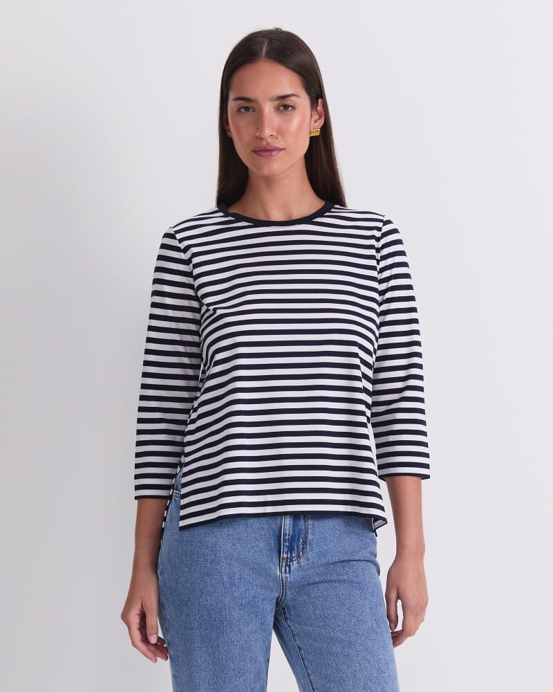 Mercerised Cotton 3/4 Sleeve Tee in NAVY/WHITE