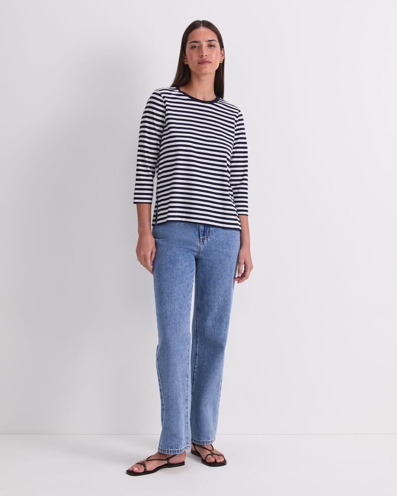 Mercerised Cotton 3/4 Sleeve Tee in NAVY/WHITE