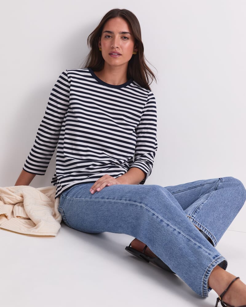 Mercerised Cotton 3/4 Sleeve Tee in NAVY/WHITE