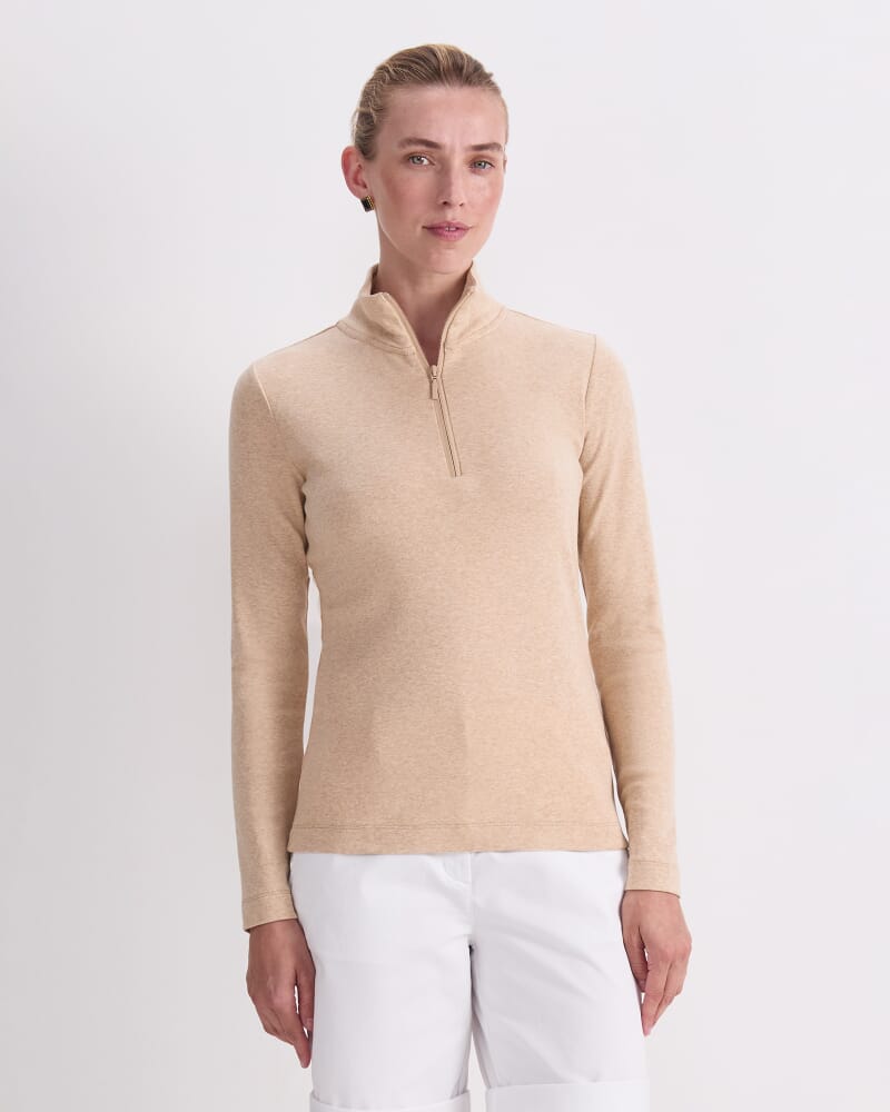 Lucy Zip Funnel Neck Top in CAMEL MELANGE
