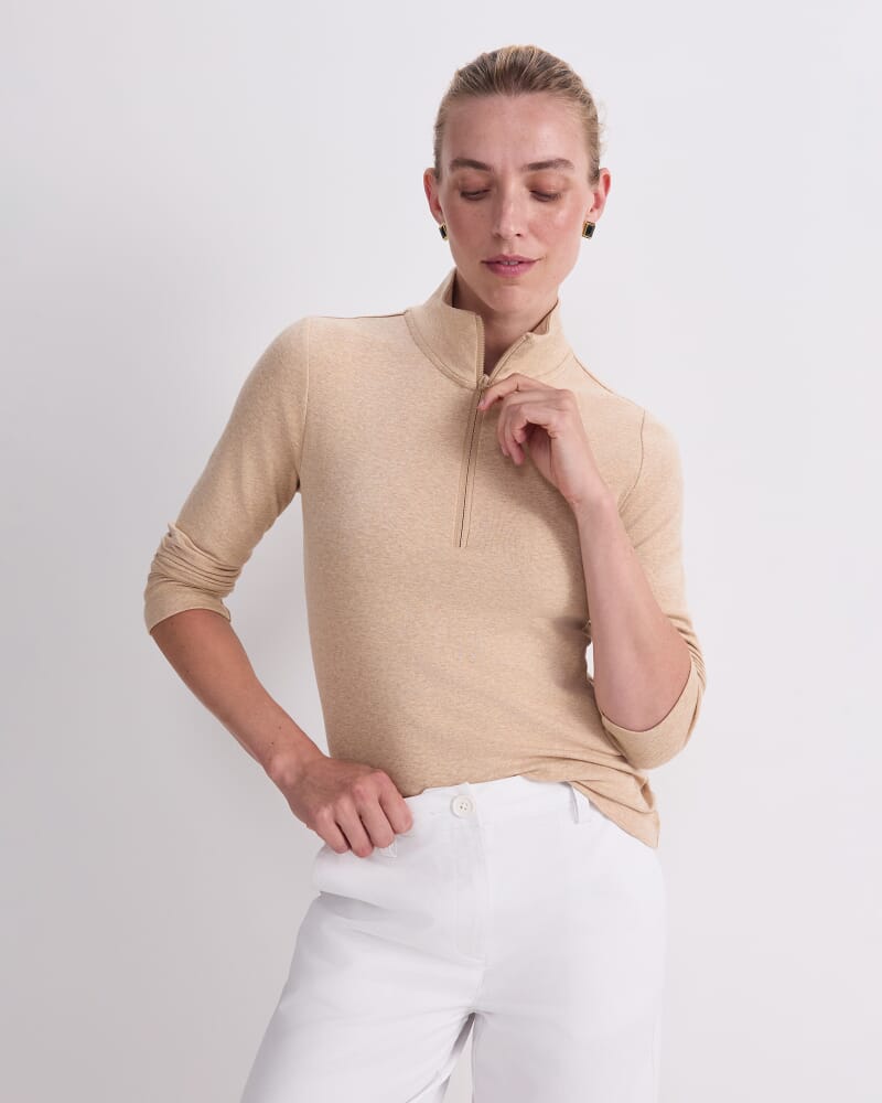 Lucy Zip Funnel Neck Top in CAMEL MELANGE
