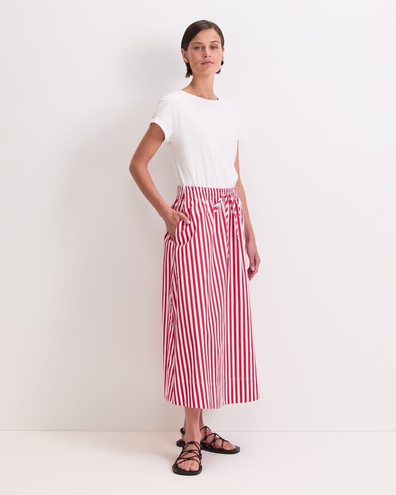 Avery Stripe Midi Skirt in RED/WHITE