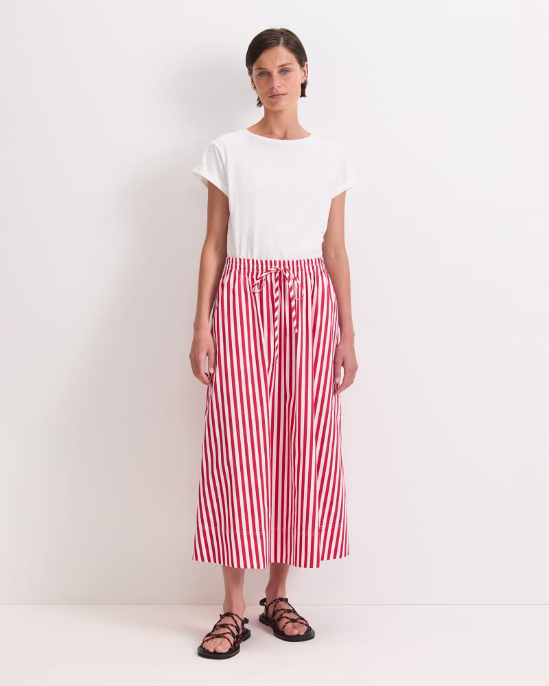 Avery Stripe Midi Skirt in RED/WHITE