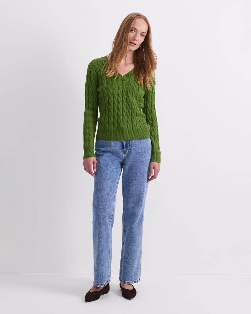 Merino Cable V-Neck Sweater in OLIVE GREEN