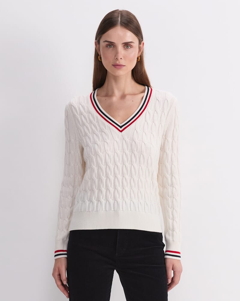 Merino Cable V-Neck Sweater in WHITE/RED