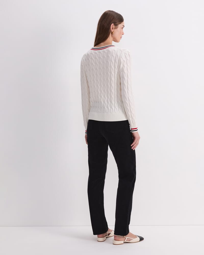 Merino Cable V-Neck Sweater in WHITE/RED