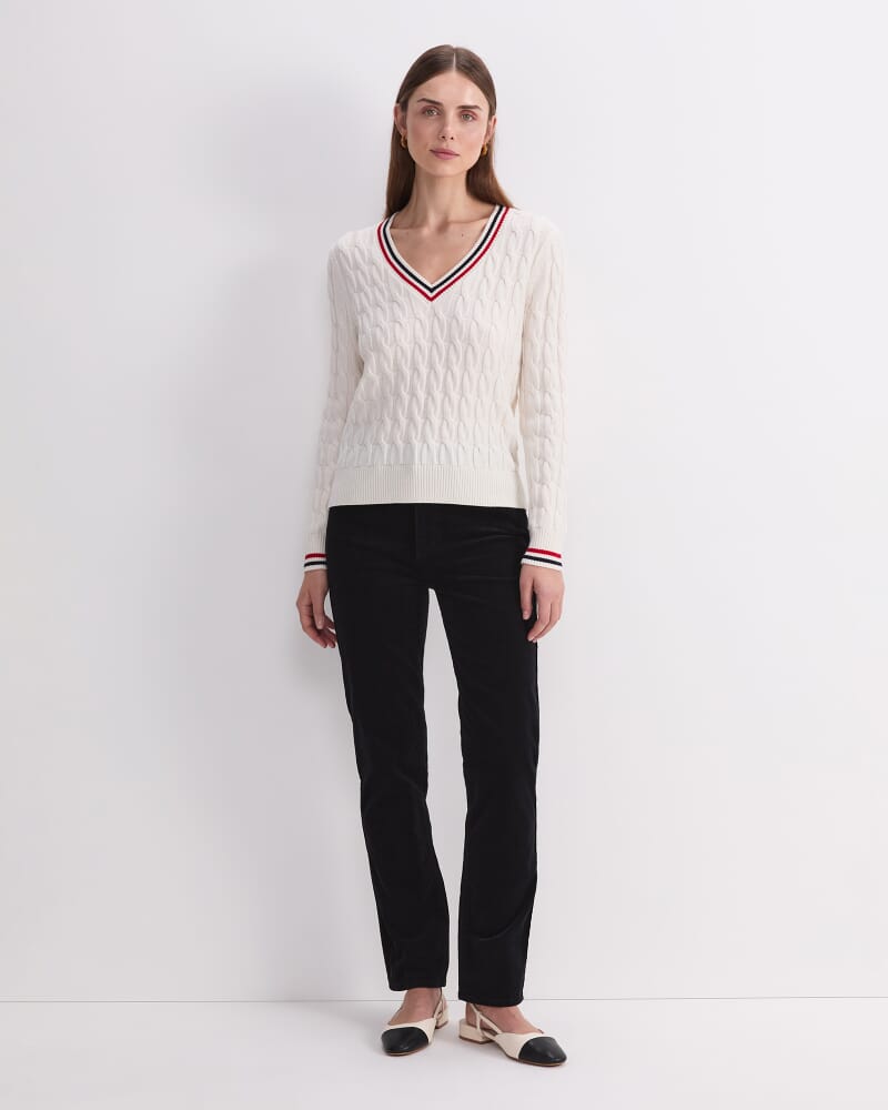 Merino Cable V-Neck Sweater in WHITE/RED