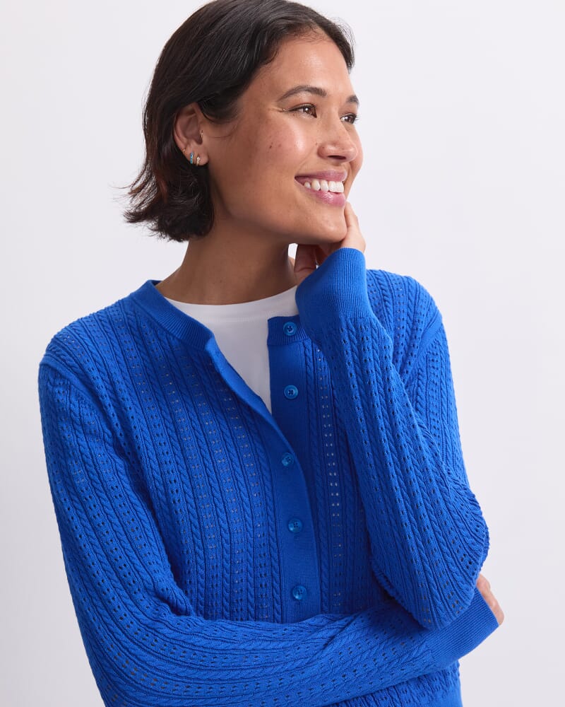 Elka Cable Pointelle Cardigan in AZURE