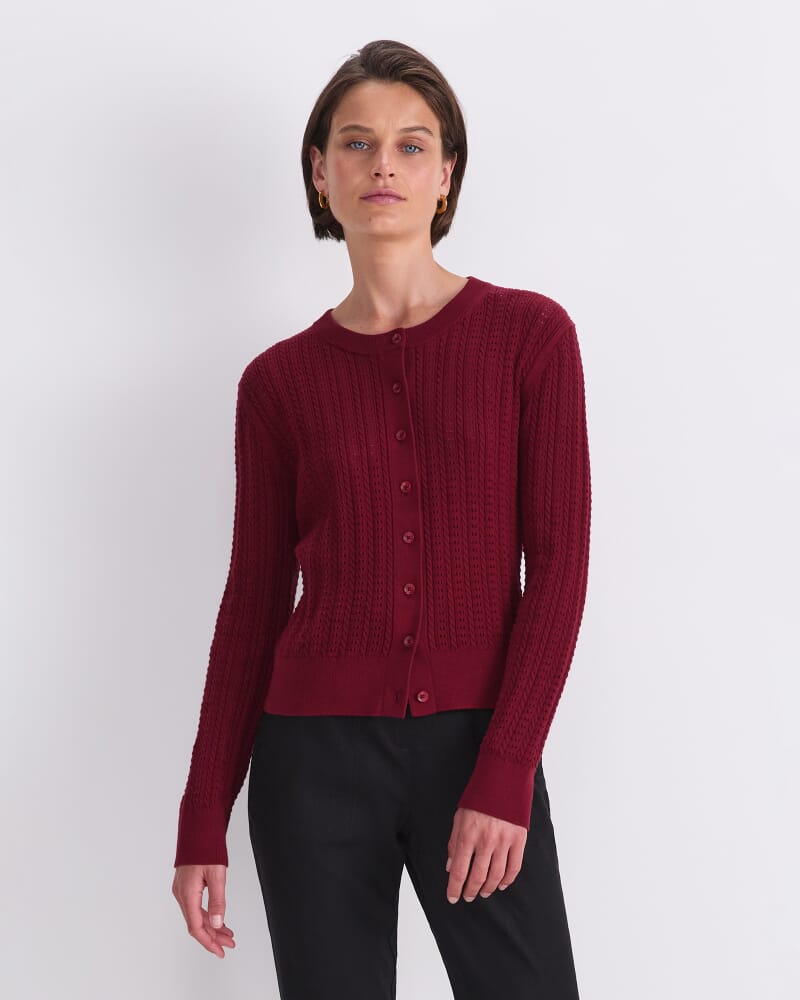 Elka Cable Pointelle Cardigan in PINOT