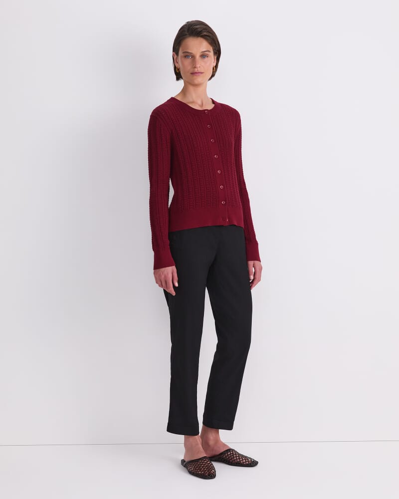 Elka Cable Pointelle Cardigan in PINOT