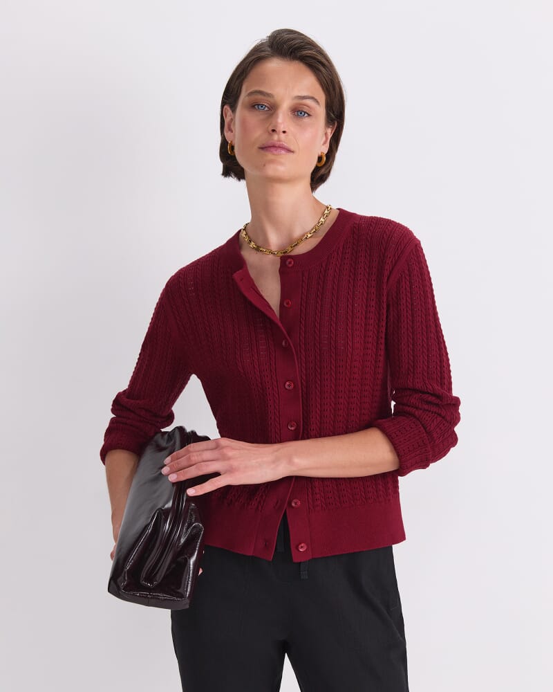 Elka Cable Pointelle Cardigan in PINOT