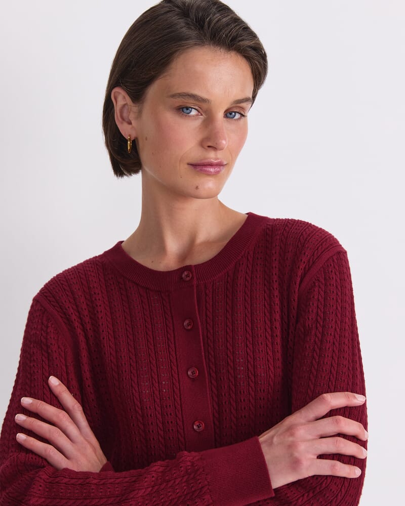 Elka Cable Pointelle Cardigan in PINOT