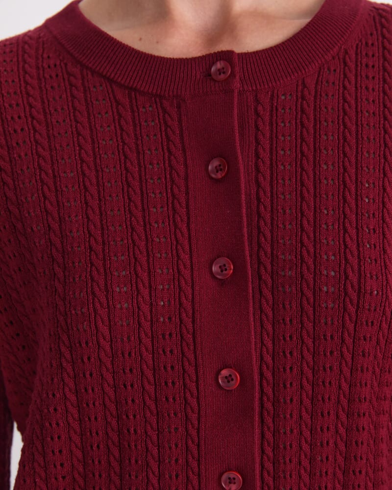 Elka Cable Pointelle Cardigan in PINOT