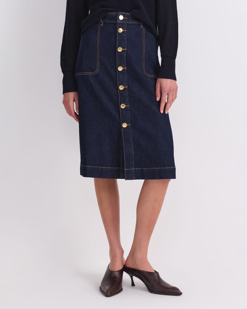 Peyton Denim Midi Skirt in DARK WASH