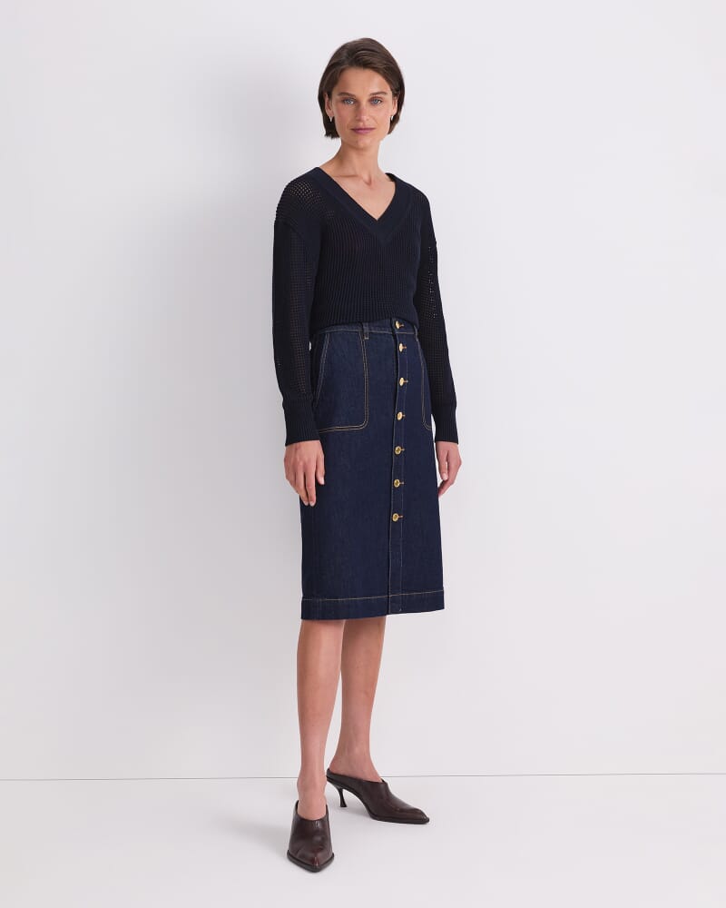 Peyton Denim Midi Skirt in DARK WASH