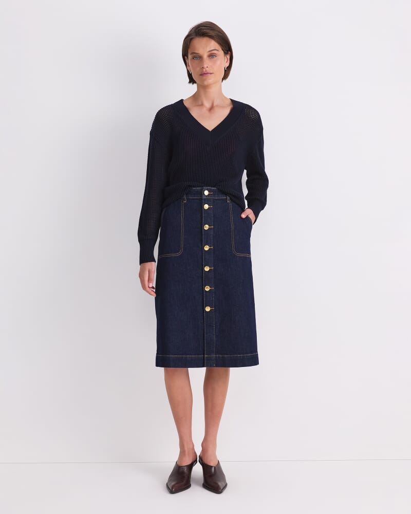 Peyton Denim Midi Skirt in DARK WASH