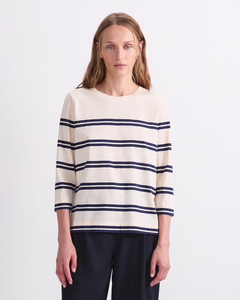 Stripe Half Sleeve Mercerised Tee in WINTER WHITE/ NAVY