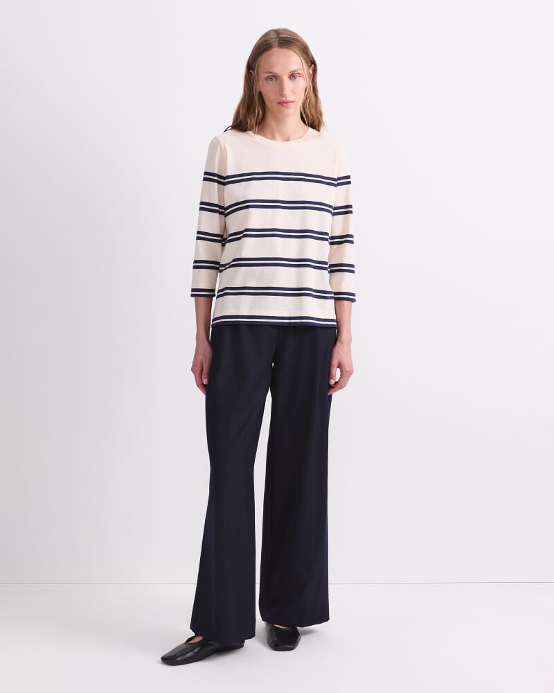 Stripe Half Sleeve Mercerised Tee in WINTER WHITE/ NAVY