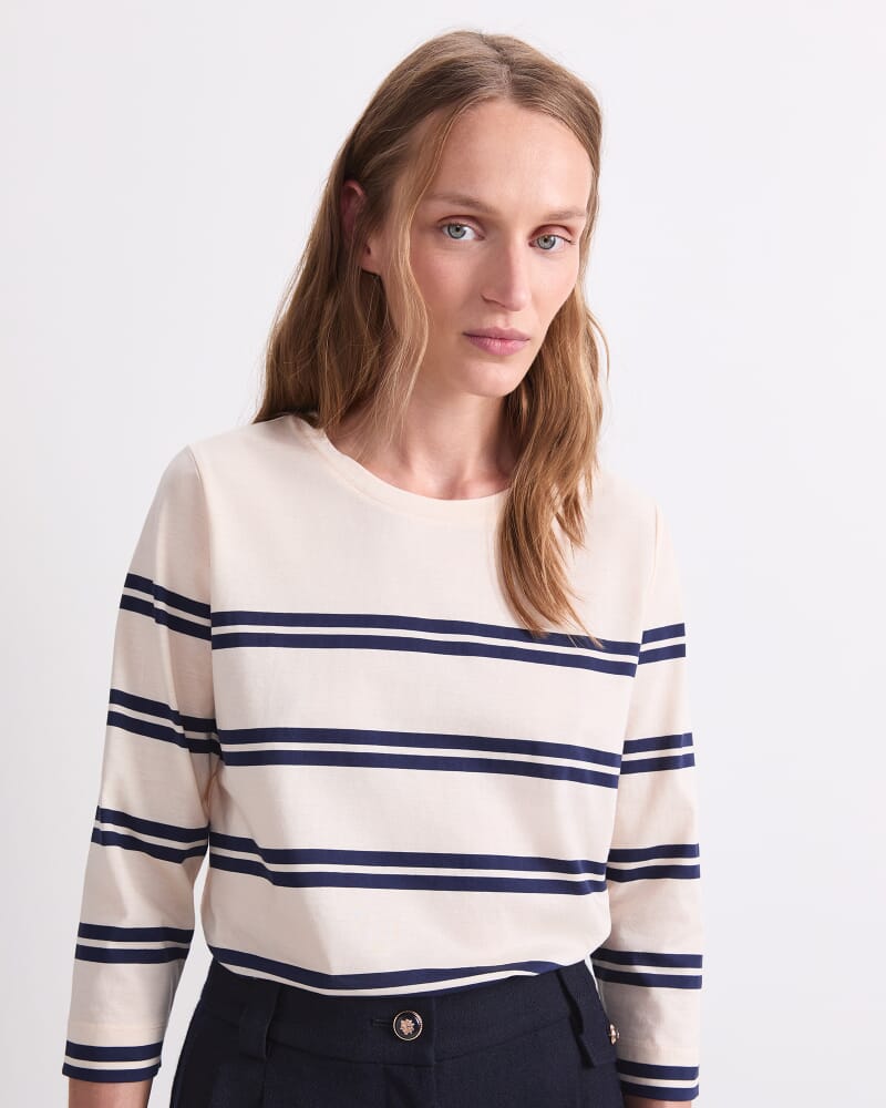 Stripe Half Sleeve Mercerised Tee in WINTER WHITE/ NAVY