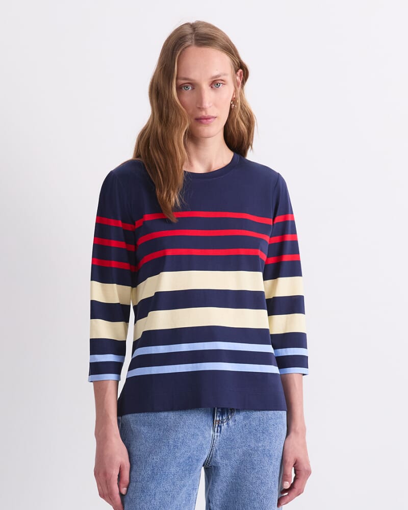 Multi Stripe Half Sleeve Mercerised Tee in NAVY MULTI