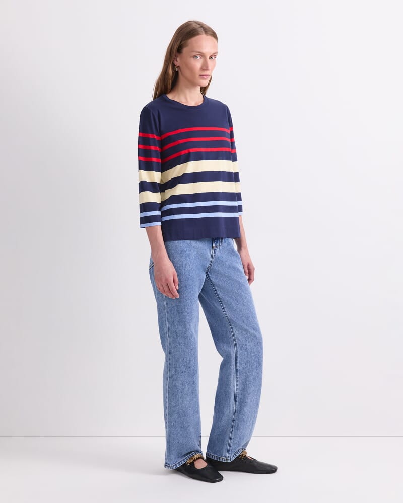 Multi Stripe Half Sleeve Mercerised Tee in NAVY MULTI