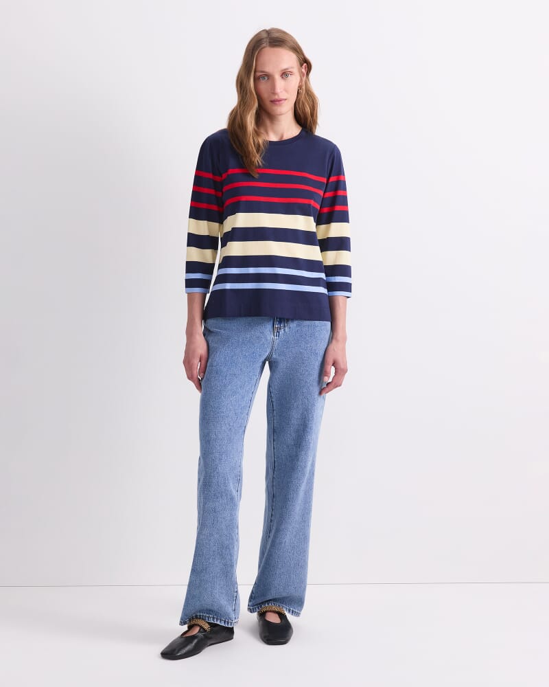 Multi Stripe Half Sleeve Mercerised Tee in NAVY MULTI