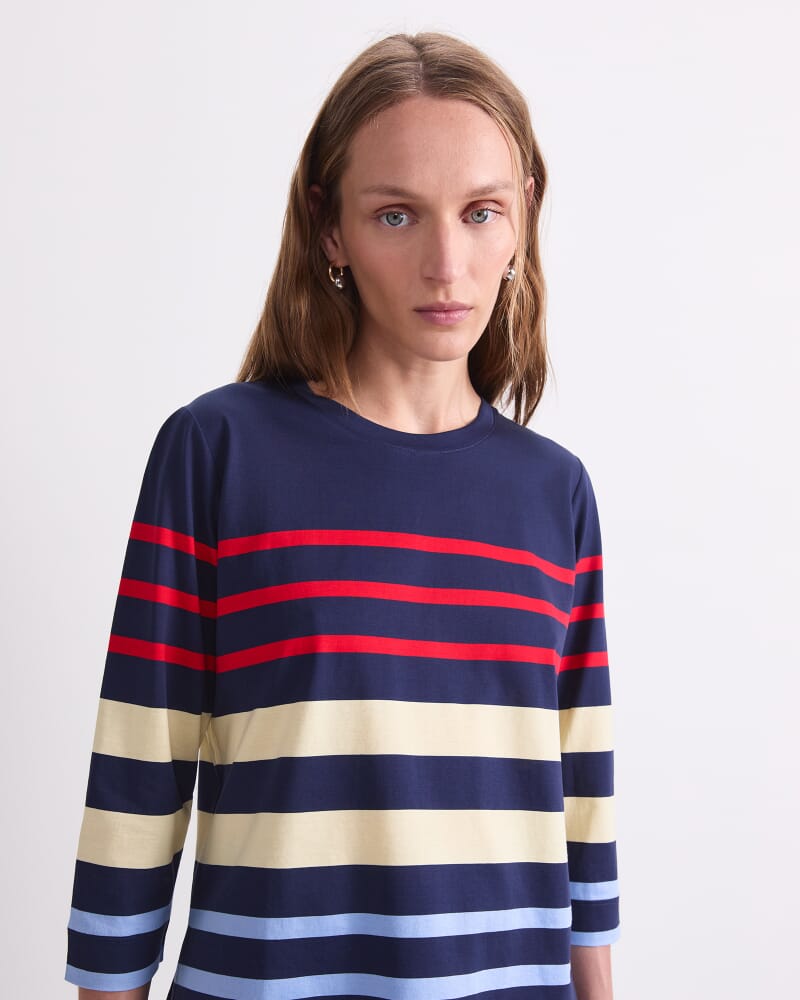 Multi Stripe Half Sleeve Mercerised Tee in NAVY MULTI