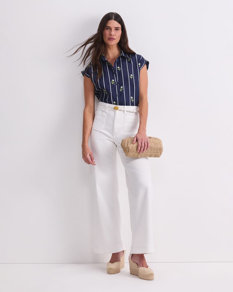 Hampton Stripe Linen Blouse in NAVY MULTI