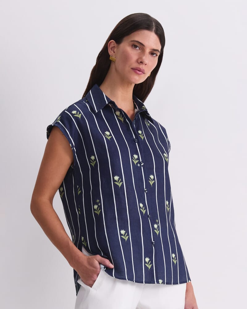Hampton Stripe Linen Blouse in NAVY MULTI