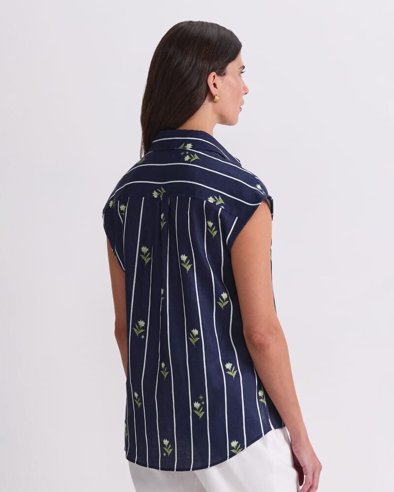 Hampton Stripe Linen Blouse in NAVY MULTI