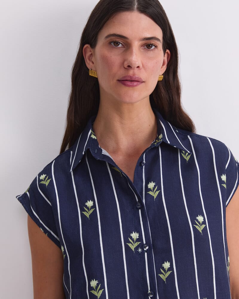 Hampton Stripe Linen Blouse in NAVY MULTI