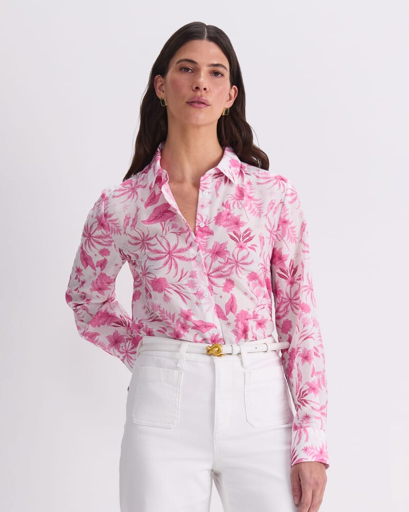 Cotton Silk Palm Shirt in PINK/WHITE